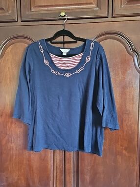 Navy Embroidered Scoop-Neck Long Sleeve Top with Striped Inset